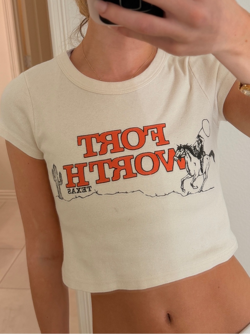 Brandy Melville Fort Worth Texas Cream Crop Tee - Graphic Women’s Top